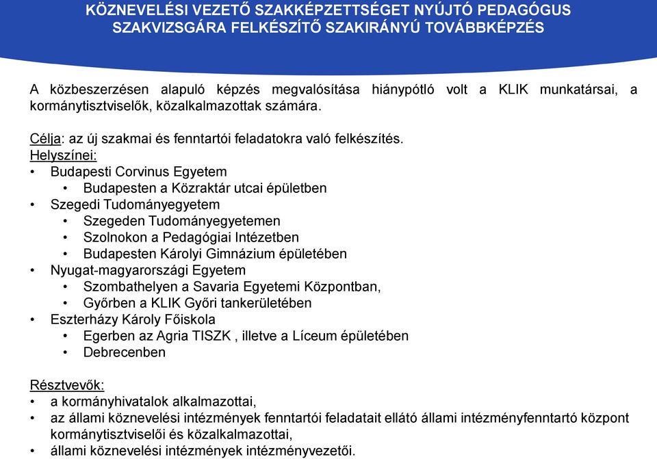 Helyszínei: Budapesti Corvinus Egyetem Budapesten a Közraktár utcai épületben Szegedi Tudományegyetem Szegeden Tudományegyetemen Szolnokon a Pedagógiai Intézetben Budapesten Károlyi Gimnázium