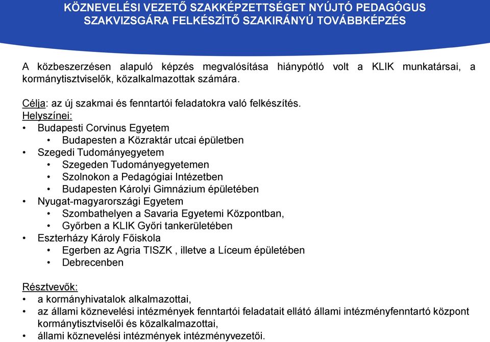 Helyszínei: Budapesti Corvinus Egyetem Budapesten a Közraktár utcai épületben Szegedi Tudományegyetem Szegeden Tudományegyetemen Szolnokon a Pedagógiai Intézetben Budapesten Károlyi Gimnázium