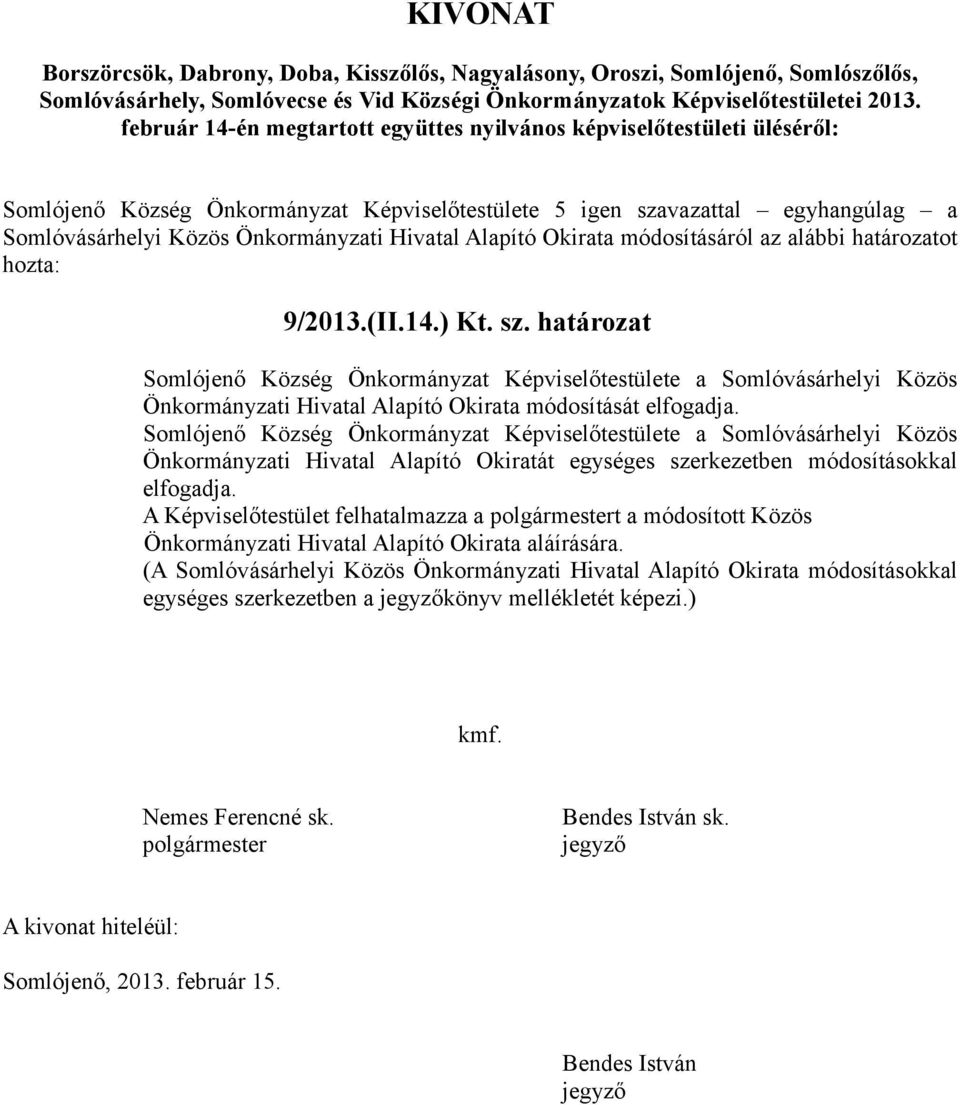 Alapító Okirata módosításáról az alábbi határozatot hozta: 9/2013.(II.14.) Kt. sz.