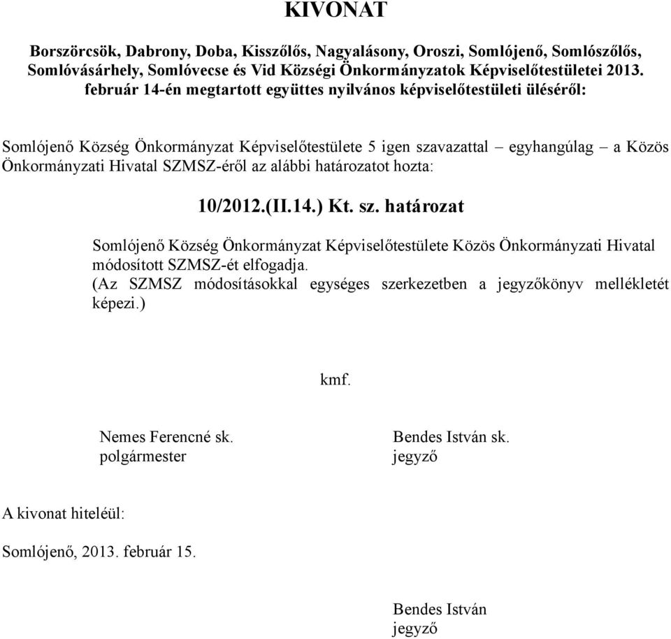 Hivatal SZMSZ-éről az alábbi határozatot hozta: 10/2012.(II.14.) Kt. sz.