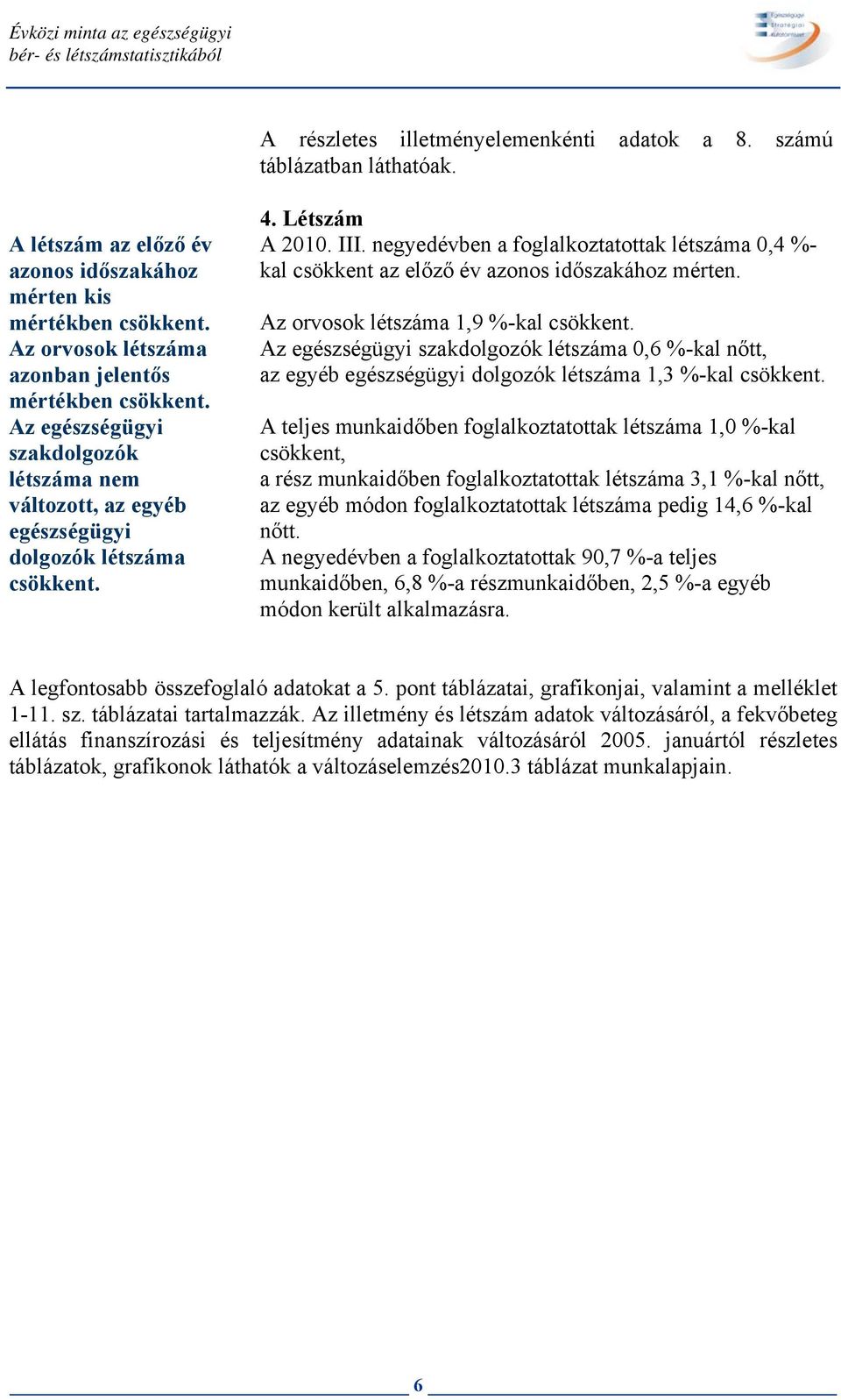 Az egészségügyi szakdolgozók létszáma nem változott, az egyéb egészségügyi dolgozók létszáma csökkent. 4. Létszám A 2010. III.