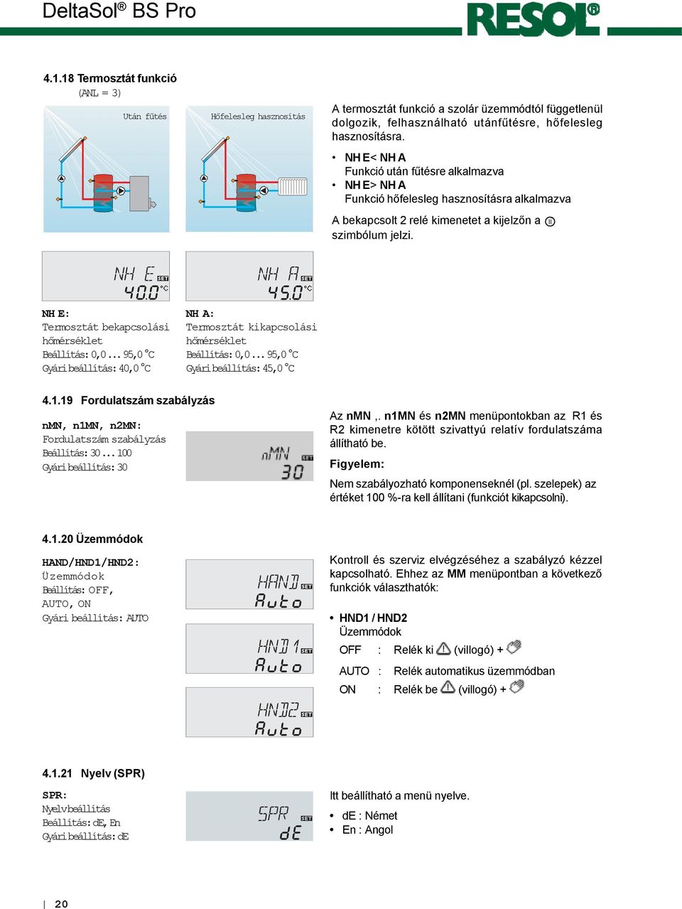 NH E: Termosztát bekapcsolási hőmérséklet Beállítás:0,0...95,0 C Gyáribeállítás:40,0 C NH A: Termosztát kikapcsolási hőmérséklet Beállítás:0,0...95,0 C Gyáribeállítás:45,0 C 4.1.