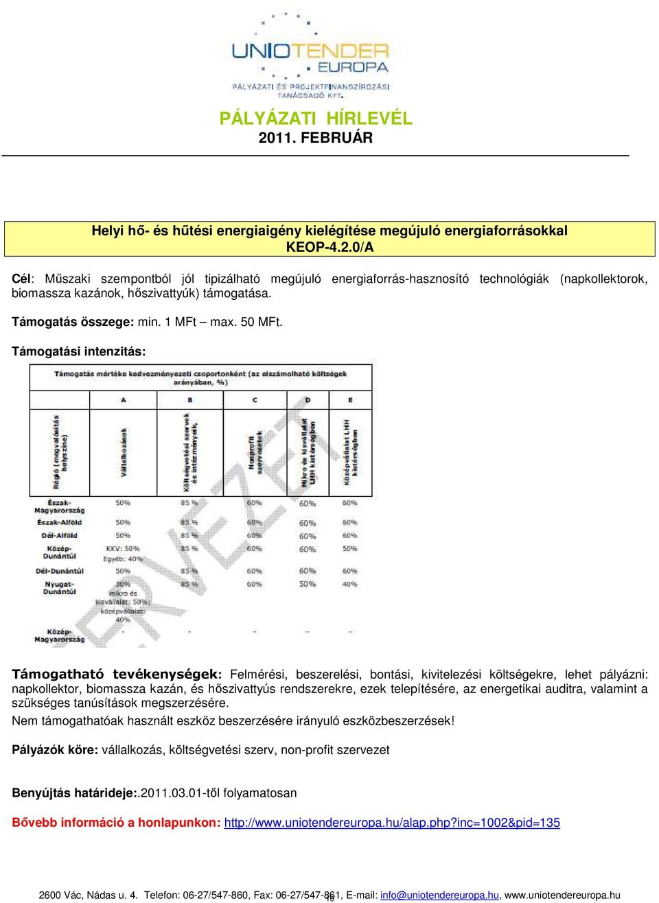 Támogatási intenzitás: Felmérési, beszerelési, bontási, kivitelezési költségekre, lehet pályázni: napkollektor, biomassza kazán, és hıszivattyús rendszerekre, ezek telepítésére, az energetikai