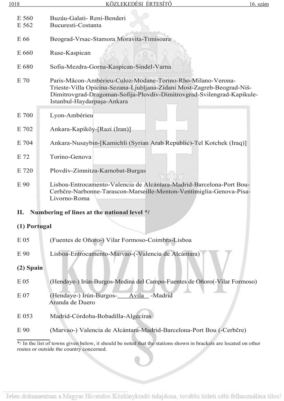 Sofia-Mezdra-Gorna-Kaspican-Sindel-Varna Paris-Mâcon-Ambérieu-Culoz-Modane-Torino-Rho-Milano-Verona- Trieste-Villa Opicina-Sezana-Ljubljana-Zidani Most-Zagreb-Beograd-Niš-
