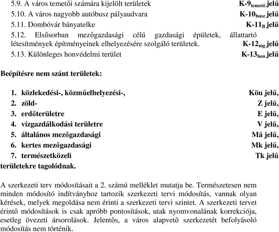 Különleges honvédelmi terület K-13 hon jelű Beépítésre nem szánt területek: 1. közlekedési-, közműelhelyezési-, Köu jelű, 2. zöld- Z jelű, 3. erdőterületre E jelű, 4.