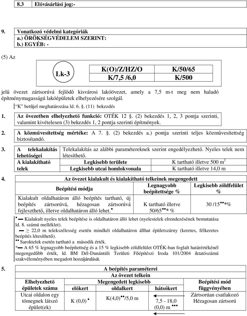 K betűjel meghatározása ld. 6.. (11) bekezdés 1. Az övezetben elhelyezhető funkció: OTÉK 12. (2) bekezdés 1, 2, 3 pontja szerinti, valamint kivételesen (3) bekezdés 1, 2 pontja szerinti építmények. 2. A közművesítettség mértéke: A 7.