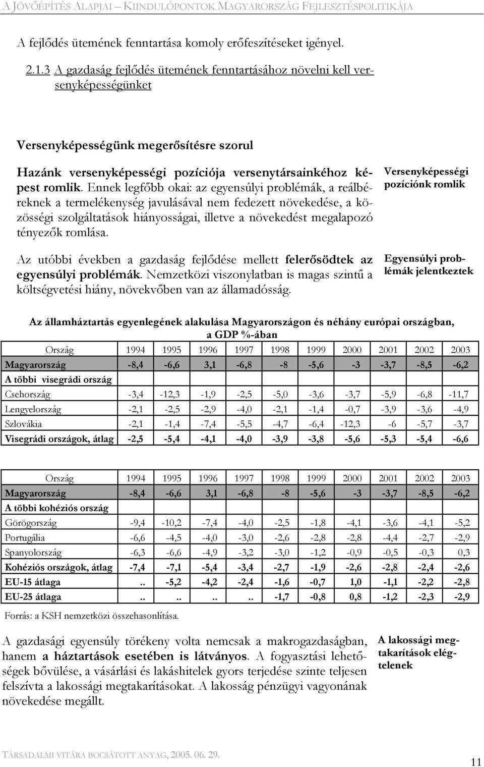 Ennek legfőbb okai: az egyensúlyi problémák, a reálbéreknek a termelékenység javulásával nem fedezett növekedése, a közösségi szolgáltatások hiányosságai, illetve a növekedést megalapozó tényezők