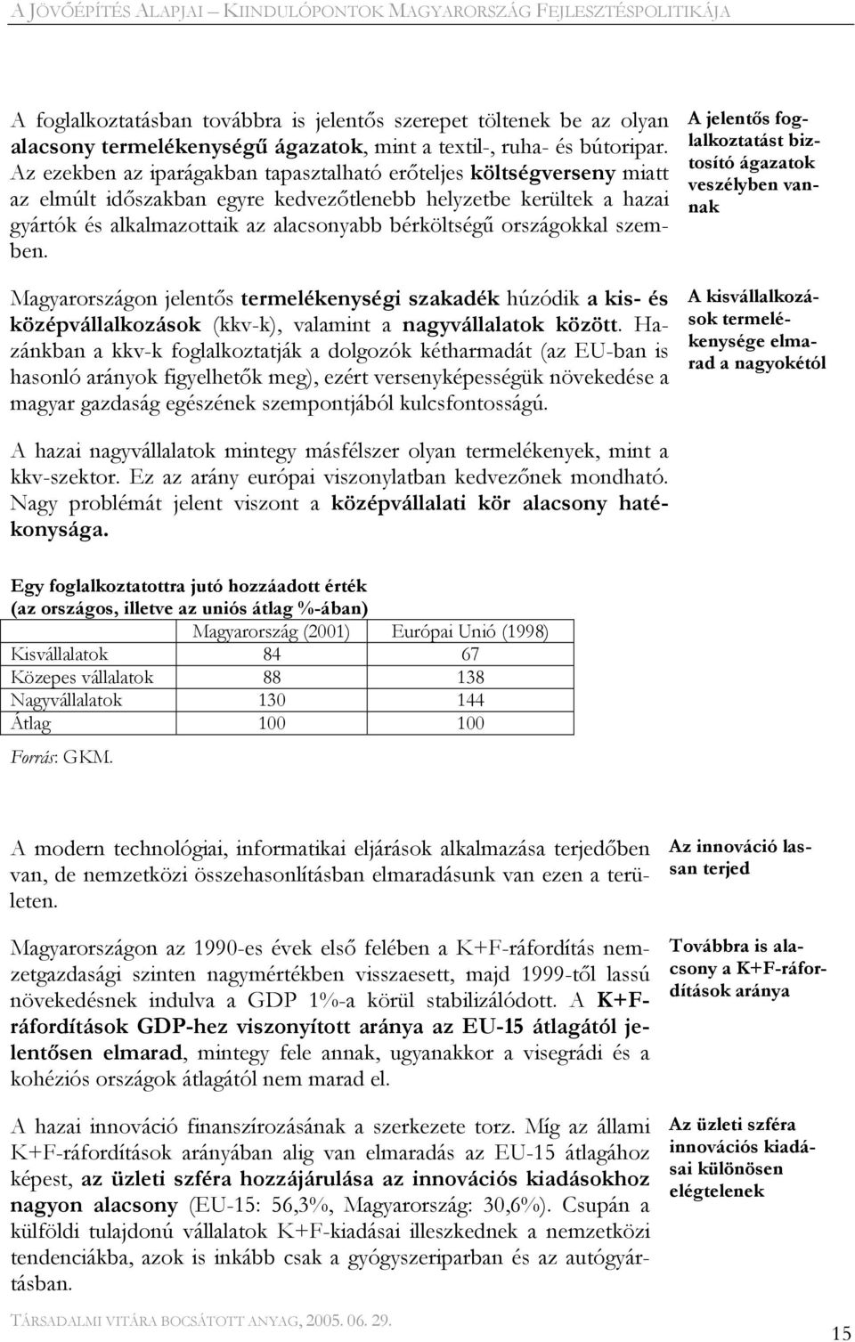 országokkal szem- ben. Magyarországon jelentős termelékenységi szakadék húzódik a kis- és középvállalkozások (kkv-k), valamint a nagyvállalatok között.