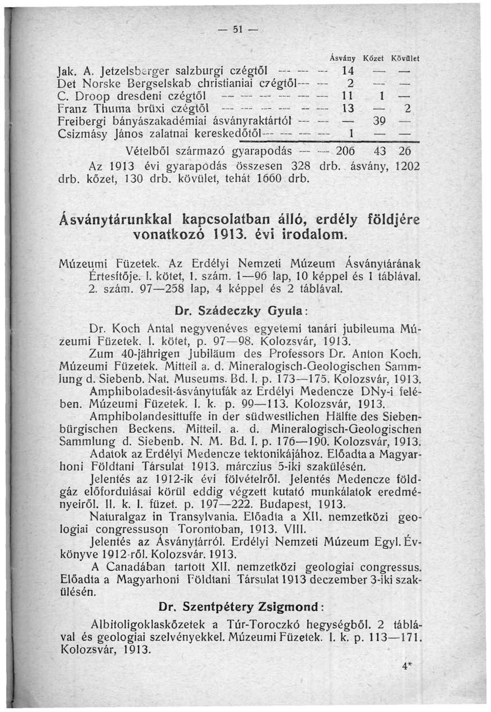 gyarapodás összesen 328 drb. ásvány, 1202 drb. kőzet, 130 drb. kövület, tehát 1660 drb. Ásványtárunkkal kapcsolatban álló, erdély földjére vonatkozó 1913. évi irodalom. Múzeumi Füzetek.