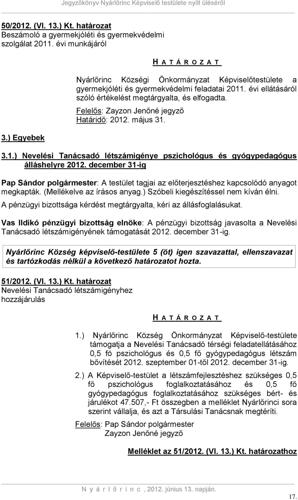 Felelős: Zayzon Jenőné jegyző Határidő: 2012. május 31. 3.1.) Nevelési Tanácsadó létszámigénye pszichológus és gyógypedagógus álláshelyre 2012.