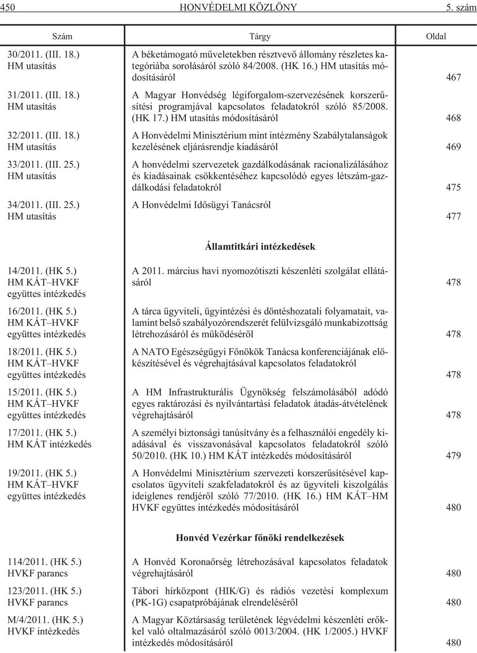 ) HM utasítás módosításáról 467 A Magyar Honvédség légiforgalom-szervezésének korszerûsítési programjával kapcsolatos feladatokról szóló 85/2008. (HK 17.