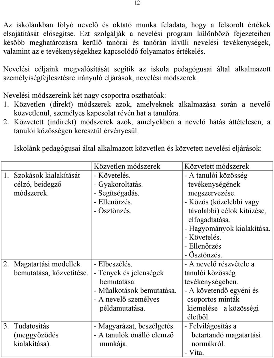 Nevelési céljaink megvalósítását segítik az iskola pedagógusai által alkalmazott személyiségfejlesztésre irányuló eljárások, nevelési módszerek. Nevelési módszereink két nagy csoportra oszthatóak: 1.