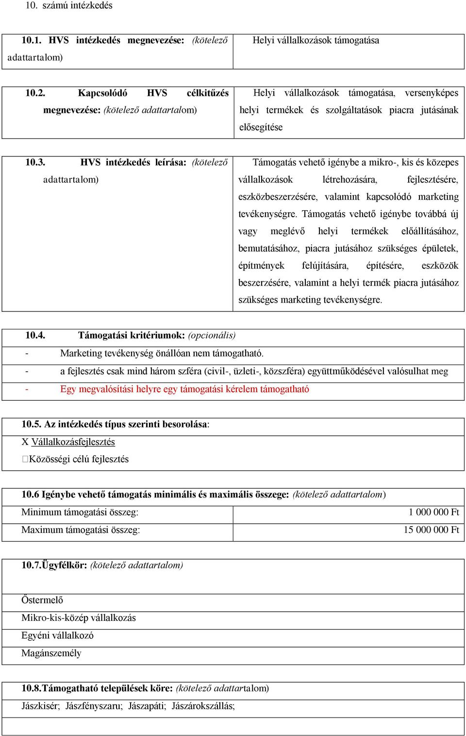 HVS intézkedés leírása: (kötelező Támogatás vehető igénybe a mikro-, kis és közepes vállalkozások létrehozására, fejlesztésére, eszközbeszerzésére, valamint kapcsolódó marketing tevékenységre.