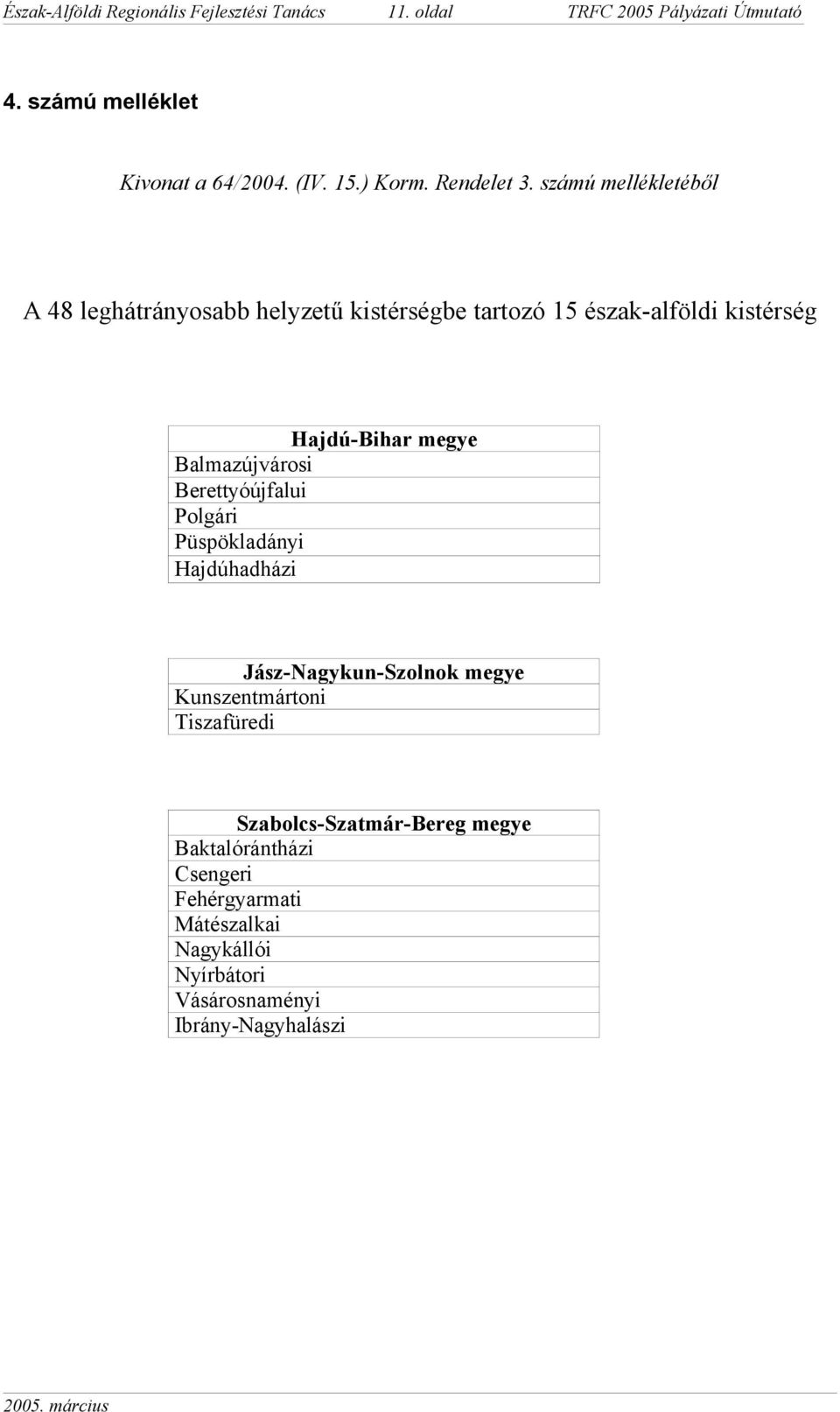 számú mellékletéből A 48 leghátrányosabb helyzetű kistérségbe tartozó 15 észak-alföldi kistérség Hajdú-Bihar megye Balmazújvárosi