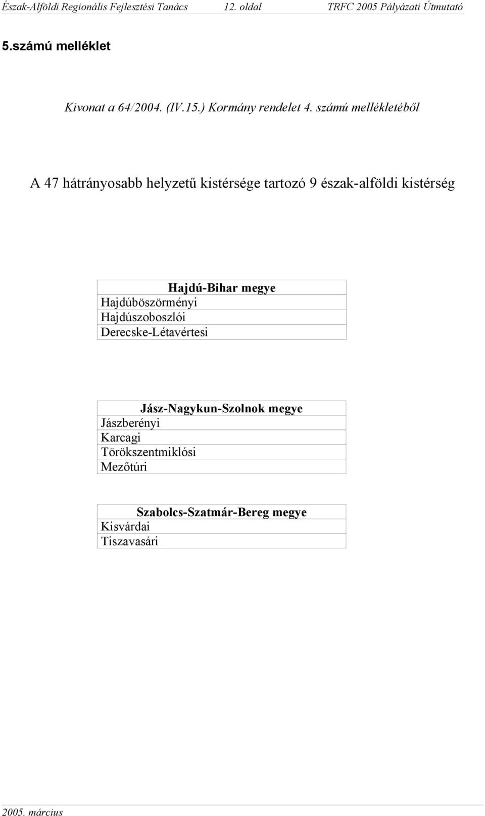 számú mellékletéből A 47 hátrányosabb helyzetű kistérsége tartozó 9 észak-alföldi kistérség Hajdú-Bihar megye