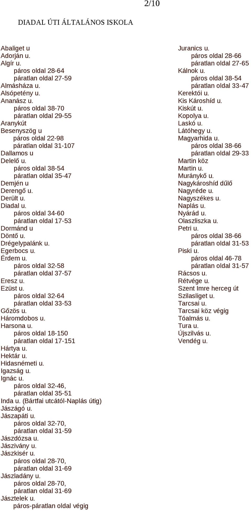 páros oldal 34-60 páratlan oldal 17-53 Dormánd u Döntő u. Drégelypalánk u. Egerbocs u. Érdem u. páros oldal 32-58 páratlan oldal 37-57 Eresz u. Ezüst u. páros oldal 32-64 páratlan oldal 33-53 Gőzös u.