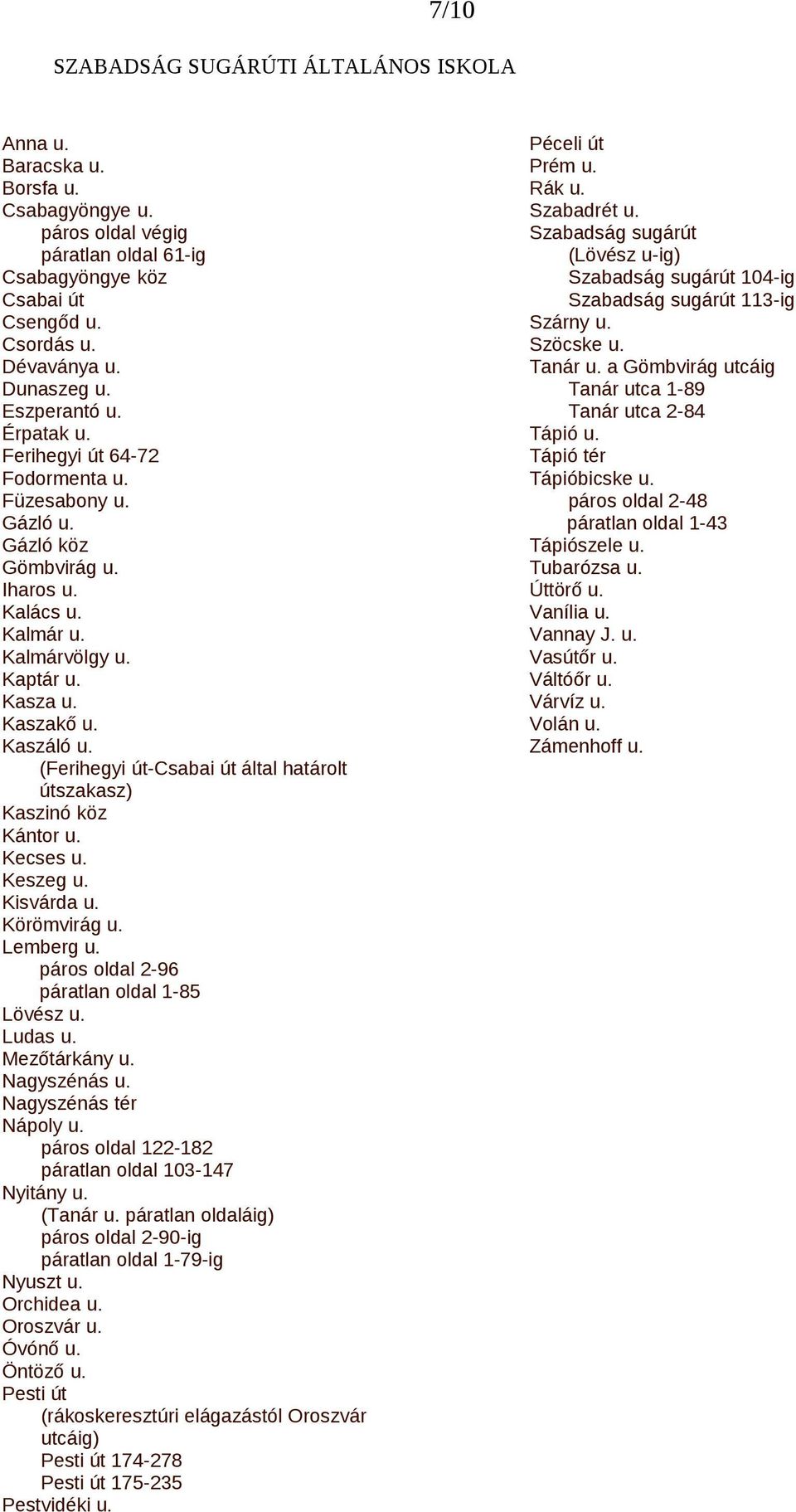 (Ferihegyi út-csabai út által határolt útszakasz) Kaszinó köz Kántor u. Kecses u. Keszeg u. Kisvárda u. Körömvirág u. Lemberg u. páros oldal 2-96 páratlan oldal 1-85 Lövész u. Ludas u. Mezőtárkány u.