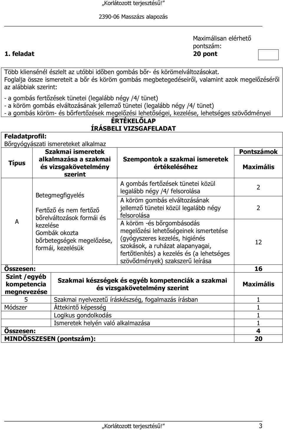 elváltozásának jellemző tünetei (legalább négy /4/ tünet) - a gombás köröm- és bőrfertőzések megelőzési lehetőségei, kezelése, lehetséges szövődményei Bőrgyógyászati ismereteket alkalmaz Típus A