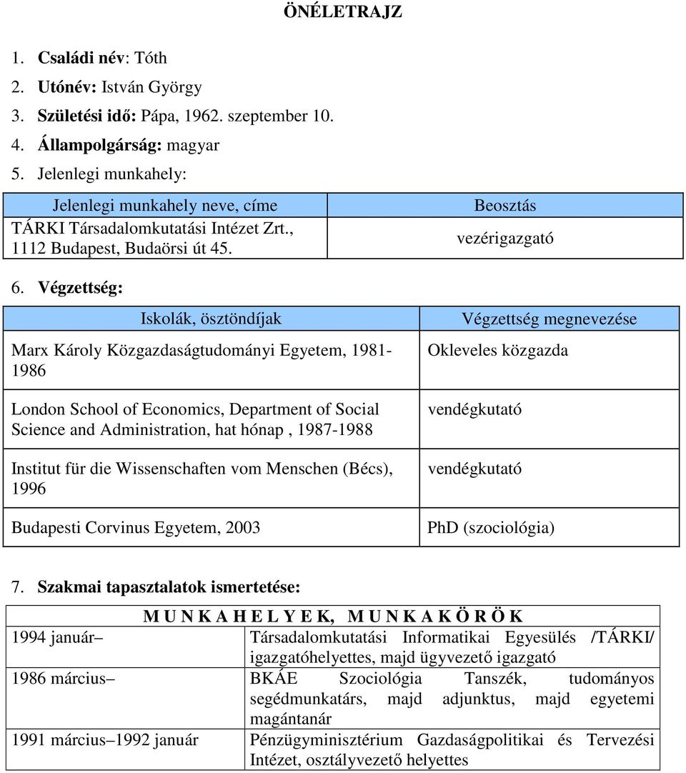 Végzettség: Iskolák, ösztöndíjak Marx Károly Közgazdaságtudományi Egyetem, 1981-1986 London School of Economics, Department of Social Science and Administration, hat hónap, 1987-1988 Institut für die