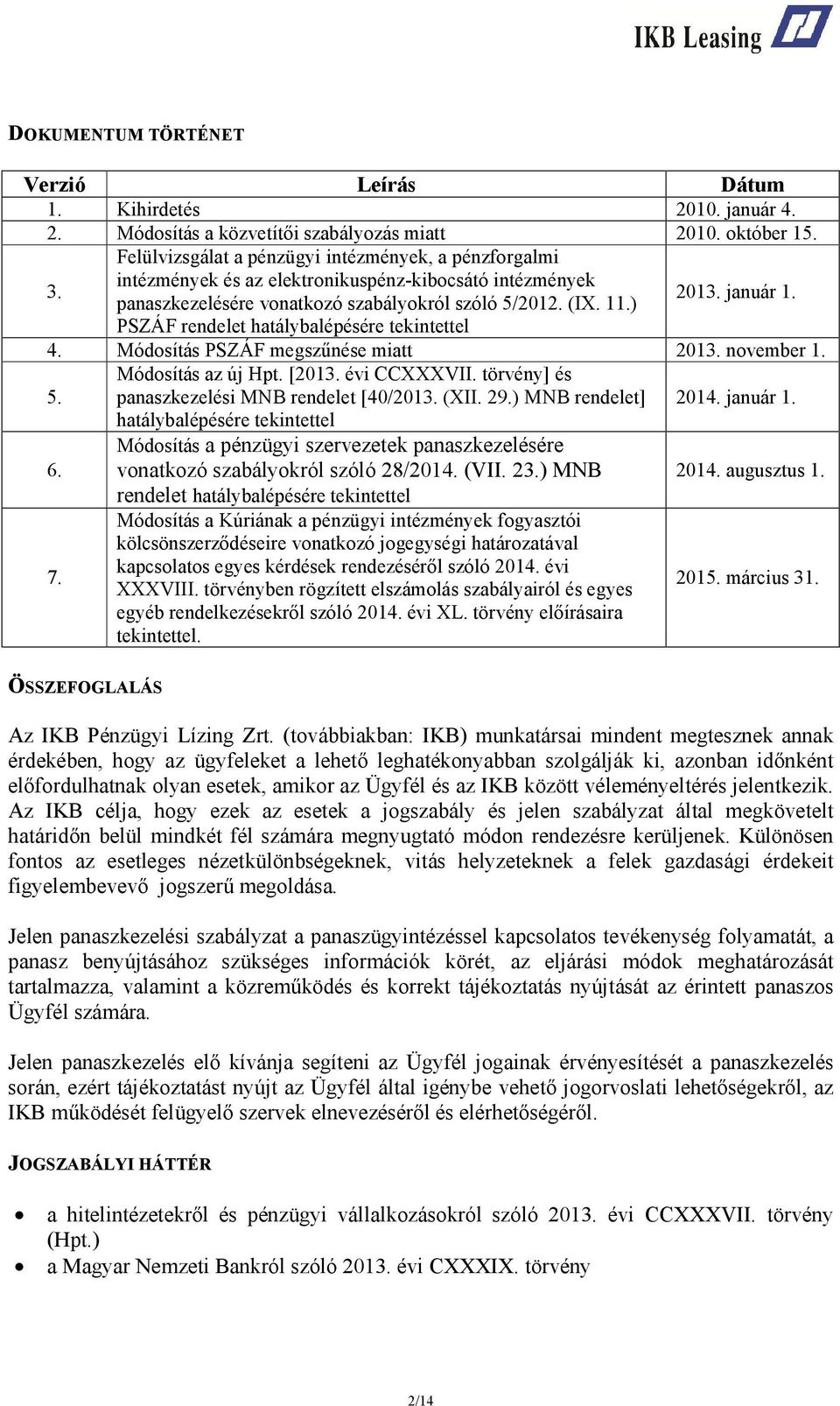 PSZÁF rendelet hatálybalépésére tekintettel 4. Módosítás PSZÁF megszűnése miatt 2013. november 1. 5. Módosítás az új Hpt. [2013. évi CCXXXVII. törvény] és panaszkezelési MNB rendelet [40/2013. (XII.