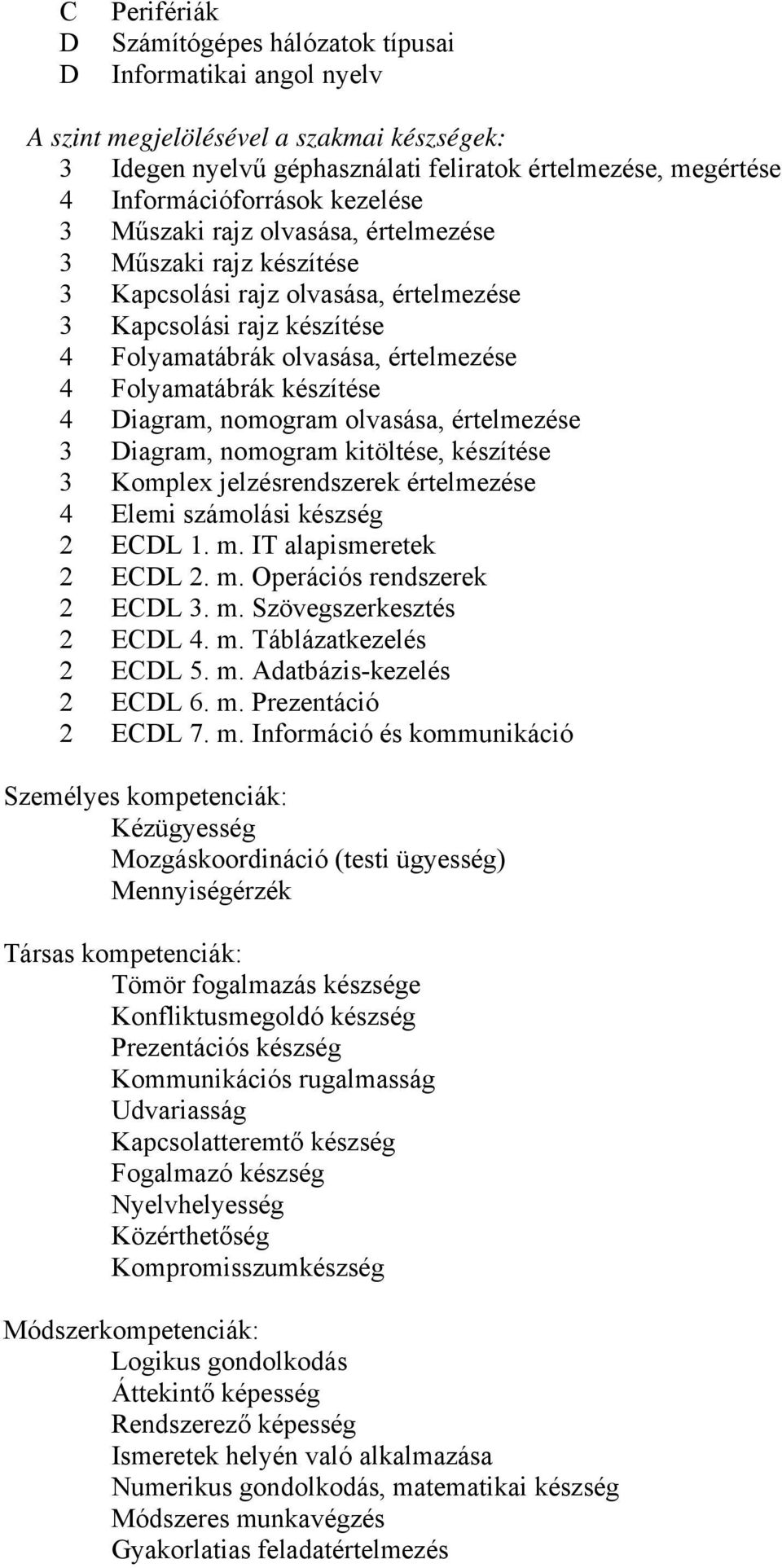 Folyamatábrák készítése 4 Diagram, nomogram olvasása, értelmezése 3 Diagram, nomogram kitöltése, készítése 3 Komplex jelzésrendszerek értelmezése 4 Elemi számolási készség 2 ECDL 1. m.