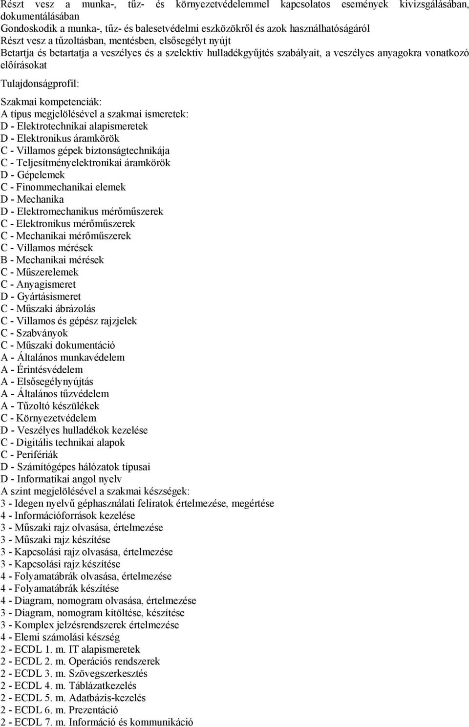 kompetenciák: A típus megjelölésével a szakmai ismeretek: D - Elektrotechnikai alapismeretek D - Elektronikus áramkörök C - Villamos gépek biztonságtechnikája C - Teljesítményelektronikai áramkörök D