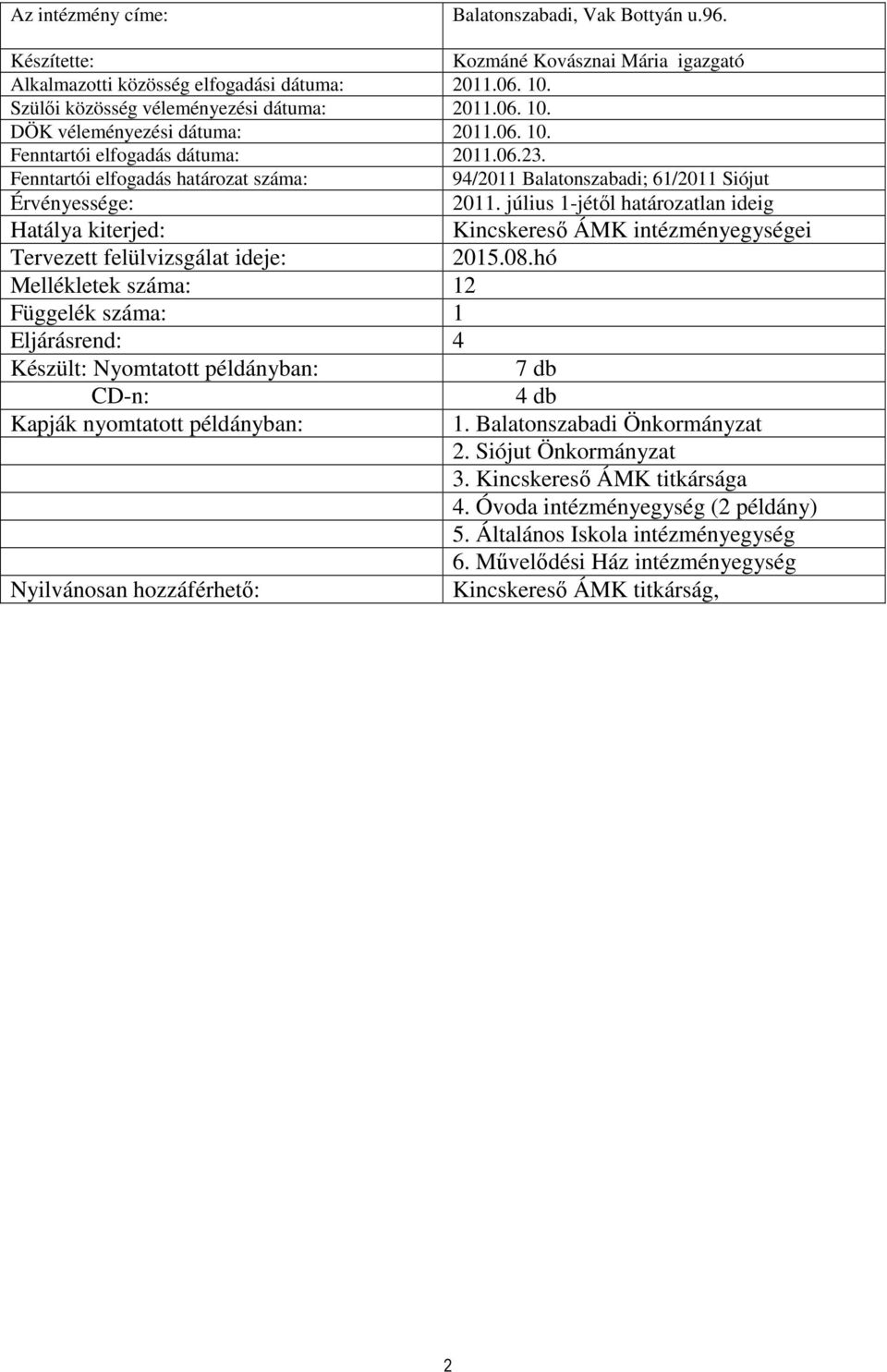 július 1-jétıl határozatlan ideig Hatálya kiterjed: Kincskeresı ÁMK intézményegységei Tervezett felülvizsgálat ideje: 2015.08.