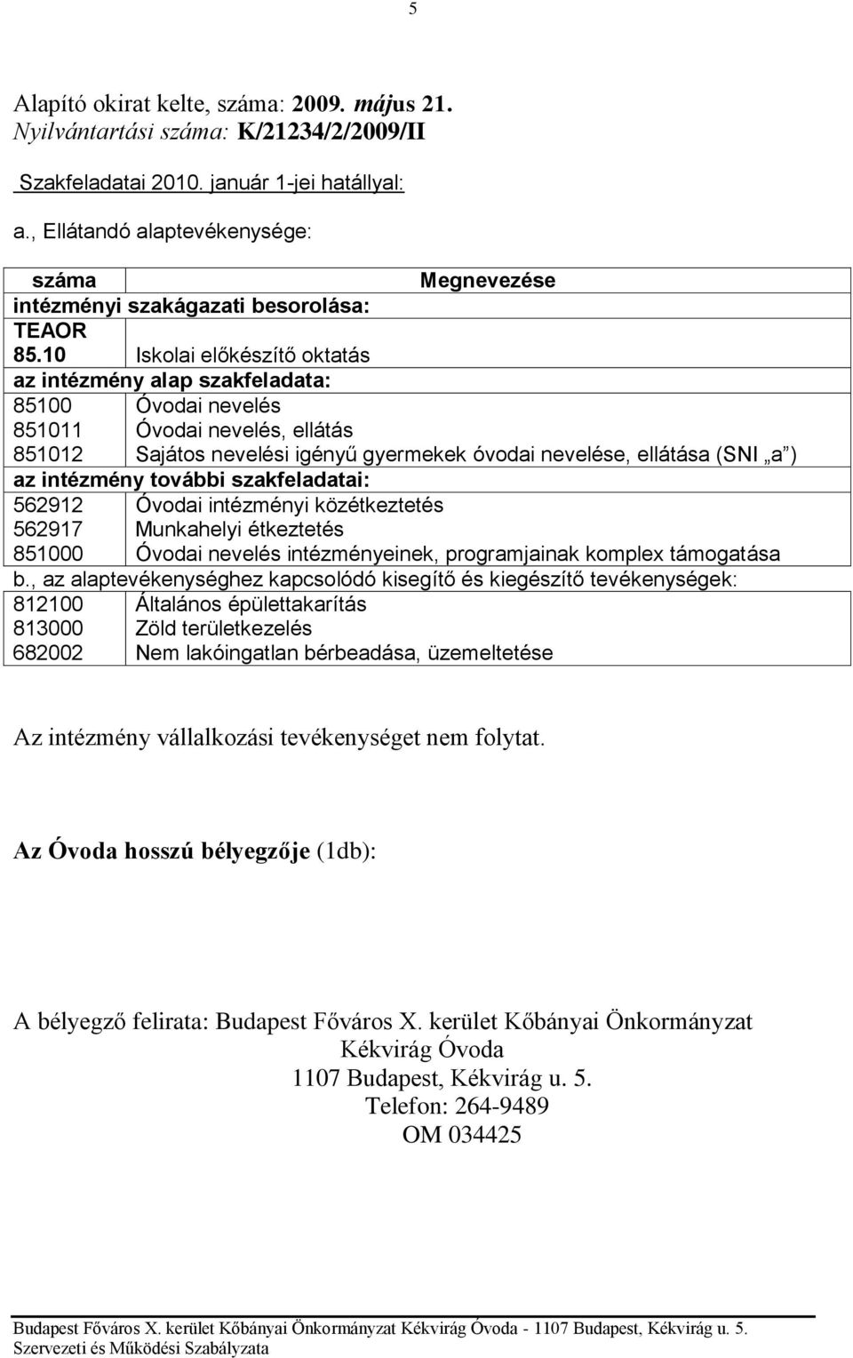 10 Iskolai előkészítő oktatás az intézmény alap szakfeladata: 85100 Óvodai nevelés 851011 Óvodai nevelés, ellátás 851012 Sajátos nevelési igényű gyermekek óvodai nevelése, ellátása (SNI a ) az