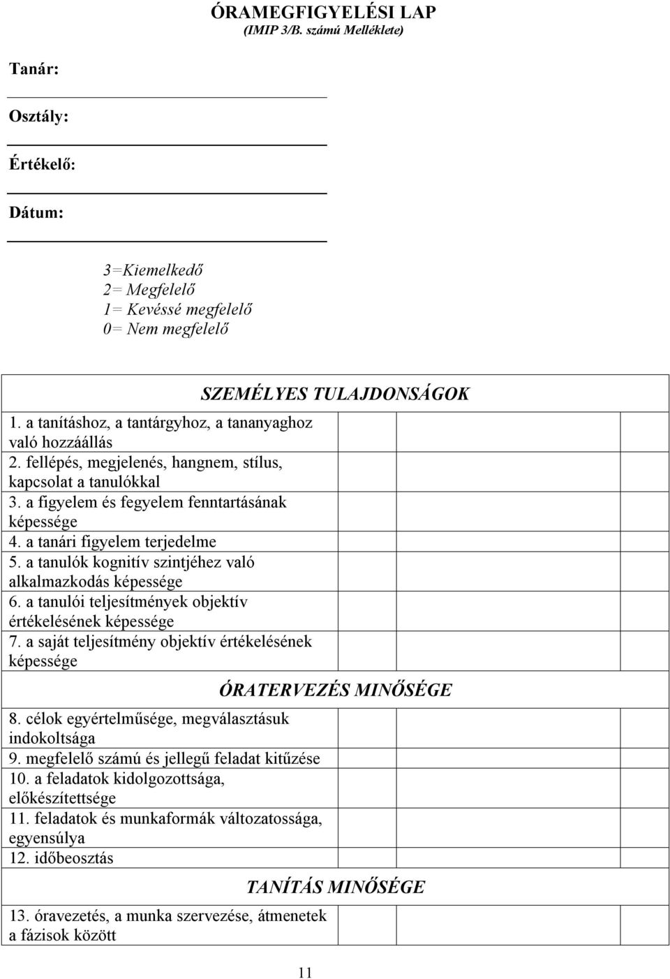 a tanári figyelem terjedelme 5. a tanulók kognitív szintjéhez való alkalmazkodás képessége 6. a tanulói teljesítmények objektív értékelésének képessége 7.