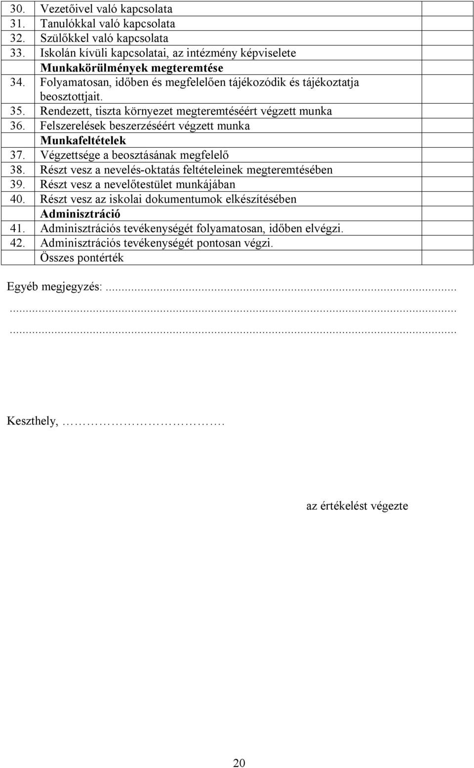 Felszerelések beszerzéséért végzett munka Munkafeltételek 37. Végzettsége a beosztásának megfelelő 38. Részt vesz a nevelés-oktatás feltételeinek megteremtésében 39.