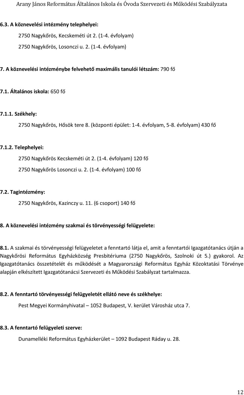 évfolyam) 430 fő 7.1.2. Telephelyei: 2750 Nagykőrös Kecskeméti út 2. (1-4. évfolyam) 120 fő 2750 Nagykőrös Losonczi u. 2. (1-4. évfolyam) 100 fő 7.2. Tagintézmény: 2750 Nagykőrös, Kazinczy u. 11.