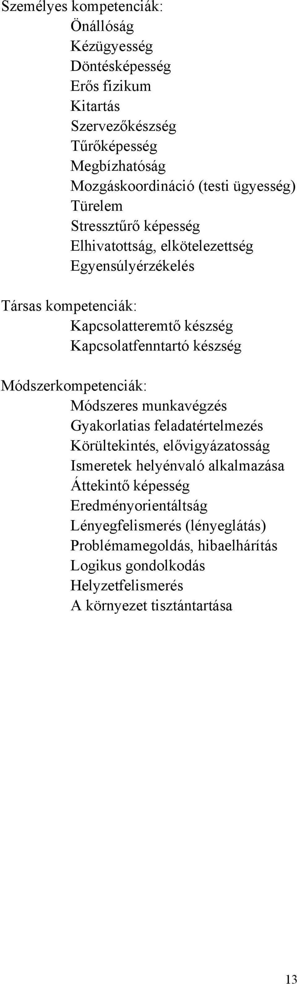 készség Módszerkompetenciák: Módszeres munkavégzés Gyakorlatias feladatértelmezés Körültekintés, elővigyázatosság Ismeretek helyénvaló alkalmazása