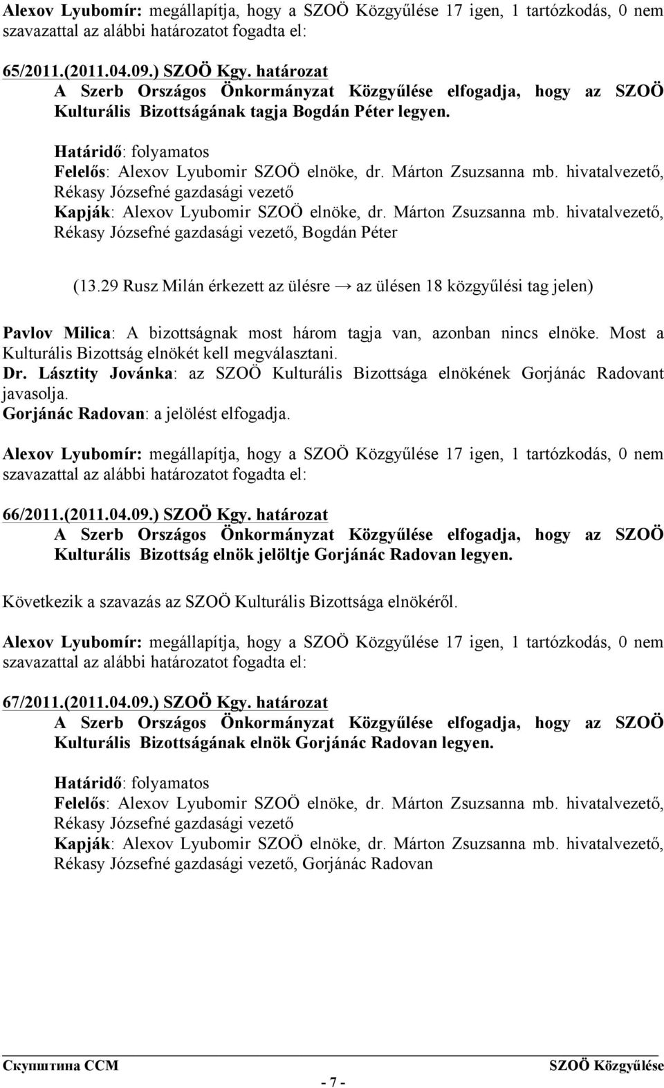 Márton Zsuzsanna mb. hivatalvezető, Kapják: Alexov Lyubomir SZOÖ elnöke, dr. Márton Zsuzsanna mb. hivatalvezető,, Bogdán Péter (13.