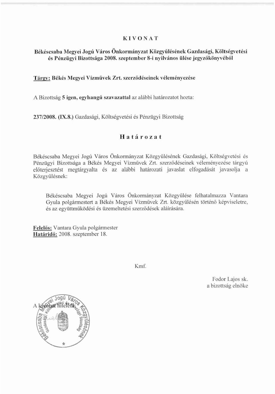(IX.8.) Gazdasági, Költségvetési és Pénzügyi Bizottság Ha tá roza t Békéscsaba Megyei Jogú Város Önkormányzat Közgyűlésének Gazdasági, Költségvetési és Pénzügyi Bizottsága a Békés Megyei Vízművek 2rt.