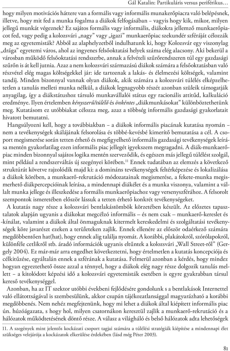 Ez sajátos formális vagy informális, diákokra jellemző munkaerőpiacot fed, vagy pedig a kolozsvári nagy vagy igazi munkaerőpiac szekundér szféráját célozzák meg az egyetemisták?