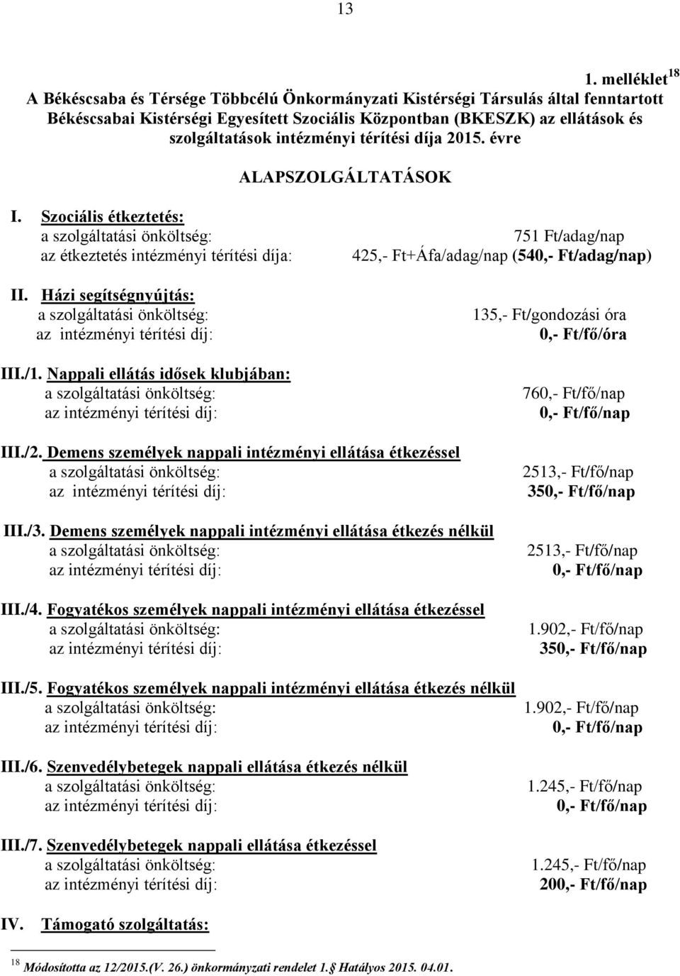 Nappali ellátás idősek klubjában: 751 Ft/adag/nap 425,- Ft+Áfa/adag/nap (540,- Ft/adag/nap) 135,- Ft/gondozási óra 0,- Ft/fő/óra 760,- Ft/fő/nap 0,- Ft/fő/nap III./2.