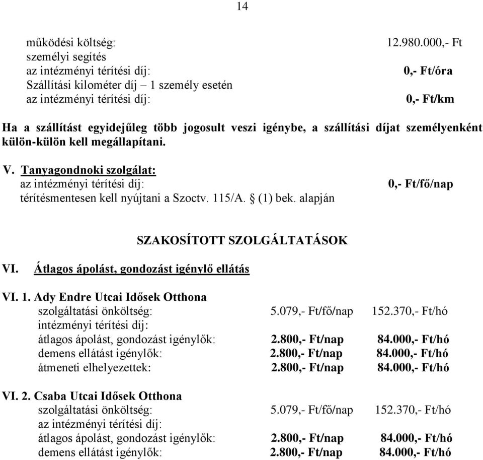 Tanyagondnoki szolgálat: térítésmentesen kell nyújtani a Szoctv. 115/A. (1) bek. alapján 0,- Ft/fő/nap SZAKOSÍTOTT SZOLGÁLTATÁSOK VI. Átlagos ápolást, gondozást igénylő ellátás VI. 1. Ady Endre Utcai Idősek Otthona szolgáltatási önköltség: 5.