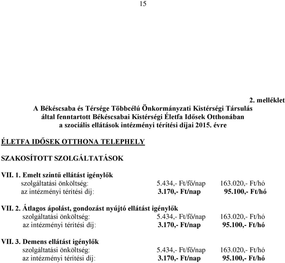 Emelt szintű ellátást igénylők szolgáltatási önköltség: 5.434,- Ft/fő/nap 163.020,- Ft/hó 3.170,- Ft/nap 95.100,- Ft/hó VII. 2.