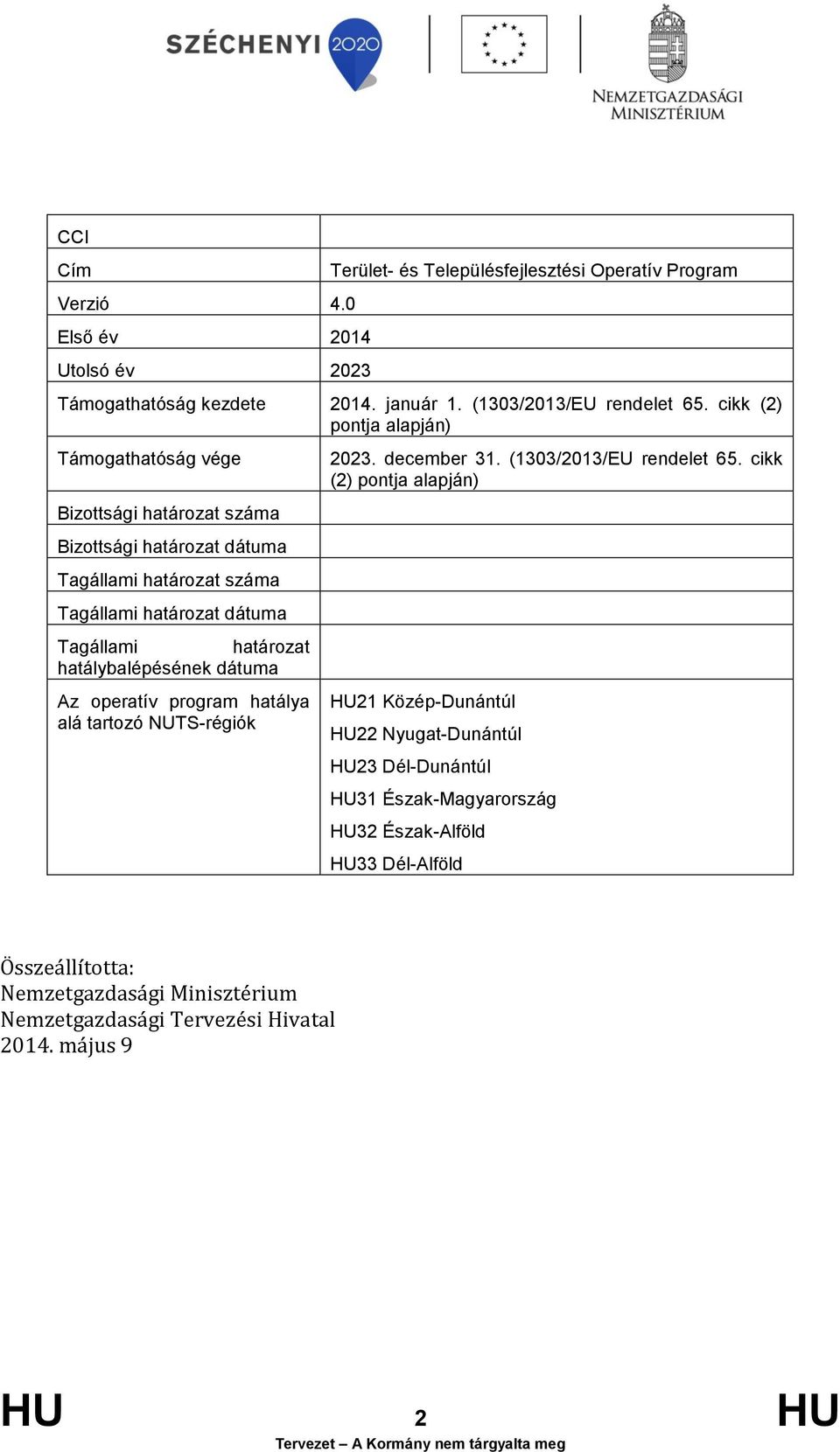 hatálybalépésének dátuma Az operatív program hatálya alá tartozó NUTS-régiók 2023. december 31. (1303/2013/EU rendelet 65.