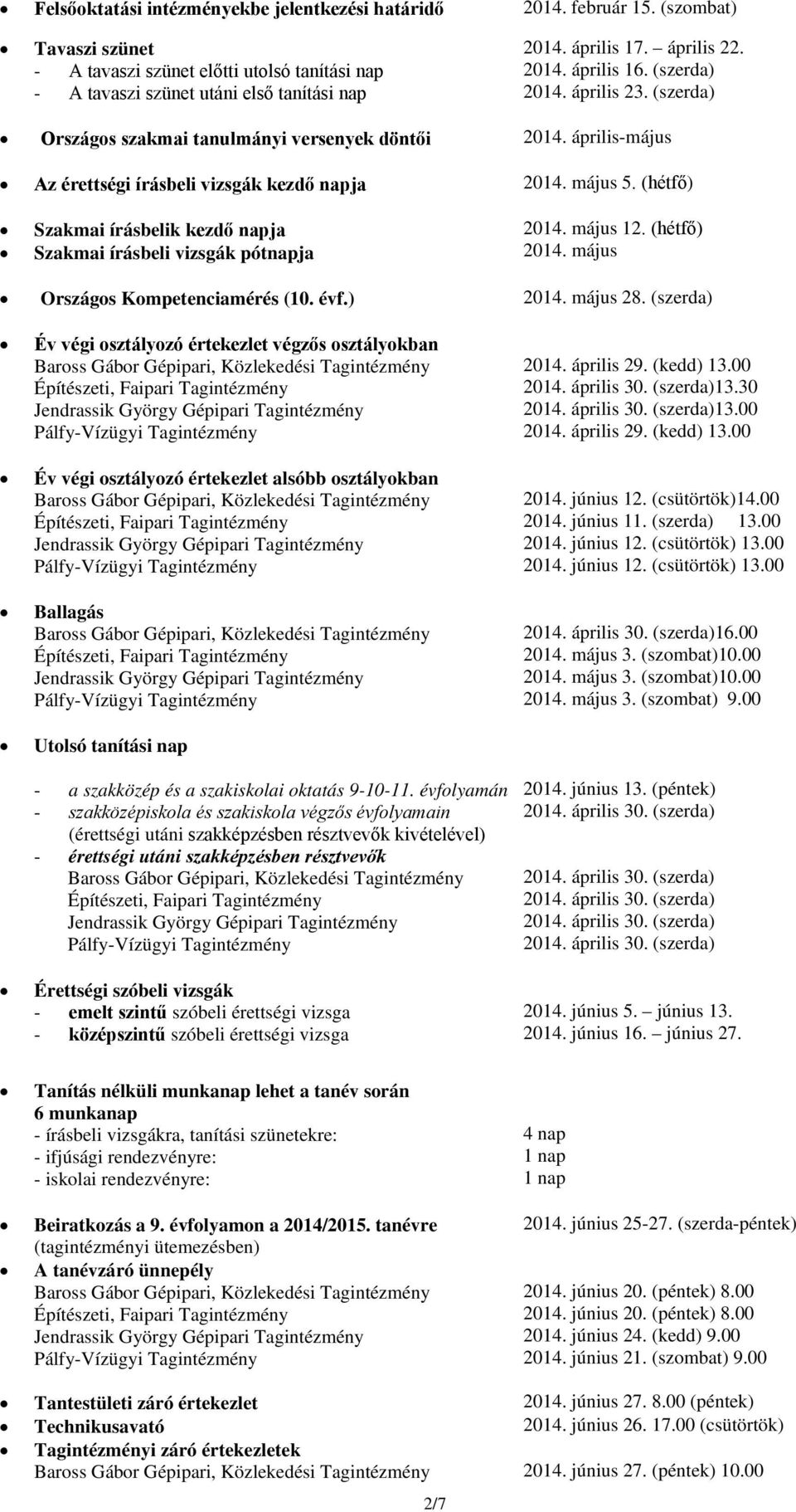 (hétfő) Szakmai írásbelik kezdő napja Szakmai írásbeli vizsgák pótnapja 2014. május 12. (hétfő) 2014. május Országos Kompetenciamérés (10. évf.) 2014. május 28.