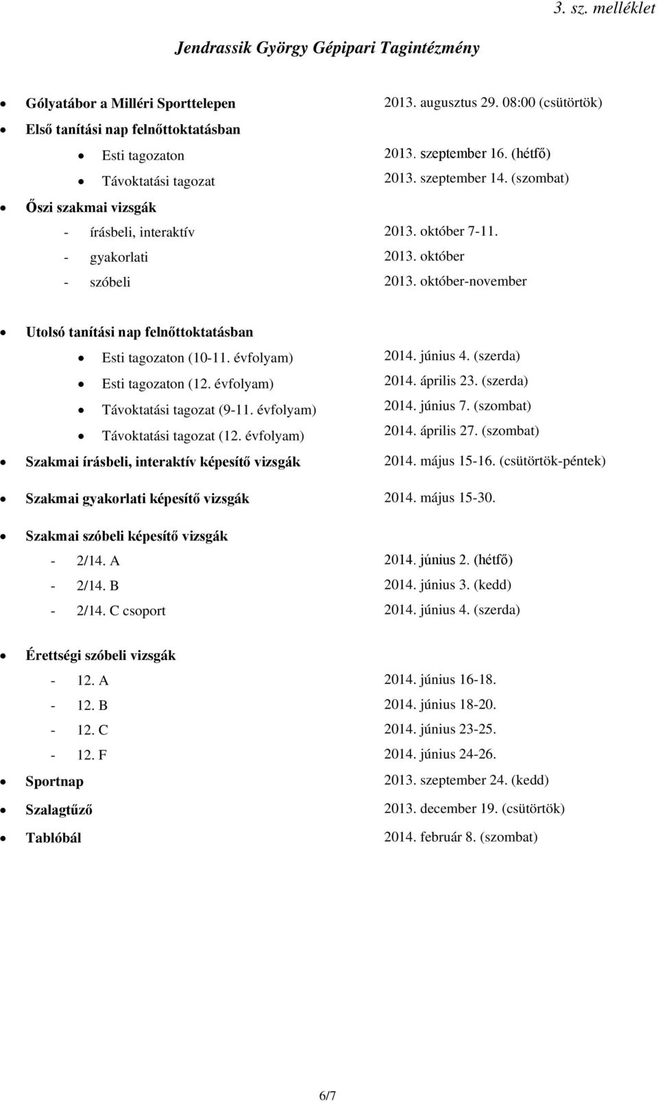 október-november Utolsó tanítási nap felnőttoktatásban Esti tagozaton (10-11. évfolyam) 2014. június 4. (szerda) Esti tagozaton (12. évfolyam) 2014. április 23. (szerda) Távoktatási tagozat (9-11.