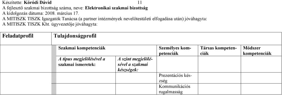 megjelölésével a szakmai készségek: Személyes kompetenciák