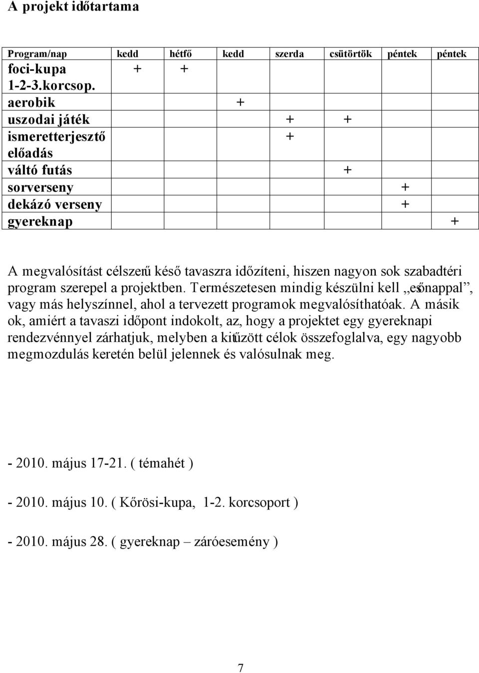 program szerepel a projektben. Természetesen mindig készülni kell esőnappal, vagy más helyszínnel, ahol a tervezett programok megvalósíthatóak.