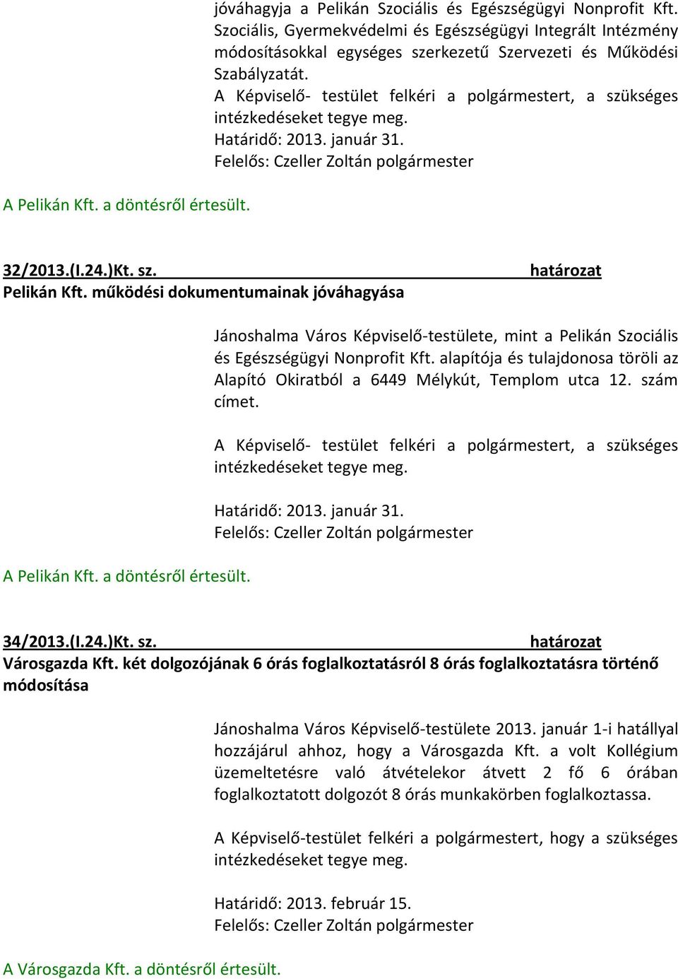 A Képviselő- testület felkéri a polgármestert, a szükséges intézkedéseket tegye meg. 32/2013.(I.24.)Kt. sz. Pelikán Kft. működési dokumentumainak jóváhagyása A Pelikán Kft. a döntésről értesült.