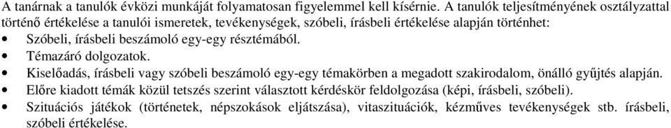 írásbeli beszámoló egy-egy résztémából. Témazáró dolgozatok.