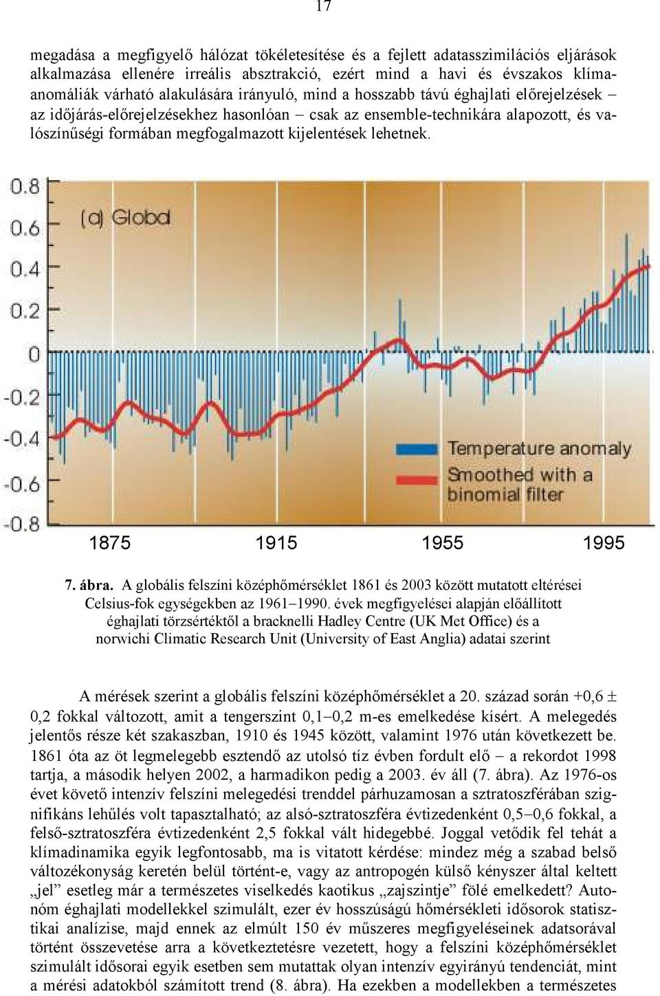 1875 1915 1955 1995 7. ábra. A globális felszíni középhımérséklet 1861 és 2003 között mutatott eltérései Celsius-fok egységekben az 1961 1990.