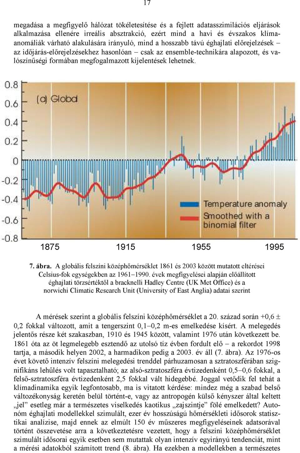 1875 1915 1955 1995 7. ábra. A globális felszíni középhımérséklet 1861 és 2003 között mutatott eltérései Celsius-fok egységekben az 1961 1990.
