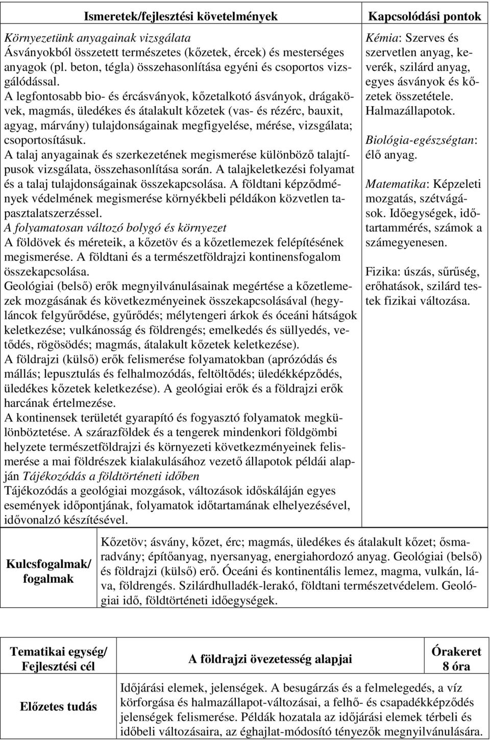 A legfontosabb bio- és ércásványok, kőzetalkotó ásványok, drágakövek, magmás, üledékes és átalakult kőzetek (vas- és rézérc, bauxit, agyag, márvány) tulajdonságainak megfigyelése, mérése, vizsgálata;