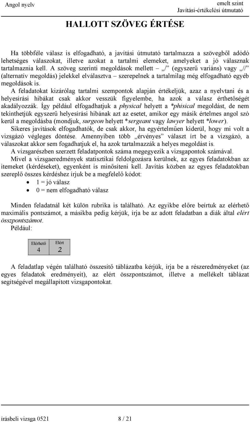 A feladatokat kizárólag tartalmi szempontok alapján értékeljük, azaz a nyelvtani és a helyesírási hibákat csak akkor vesszük figyelembe, ha azok a válasz érthetőségét akadályozzák.