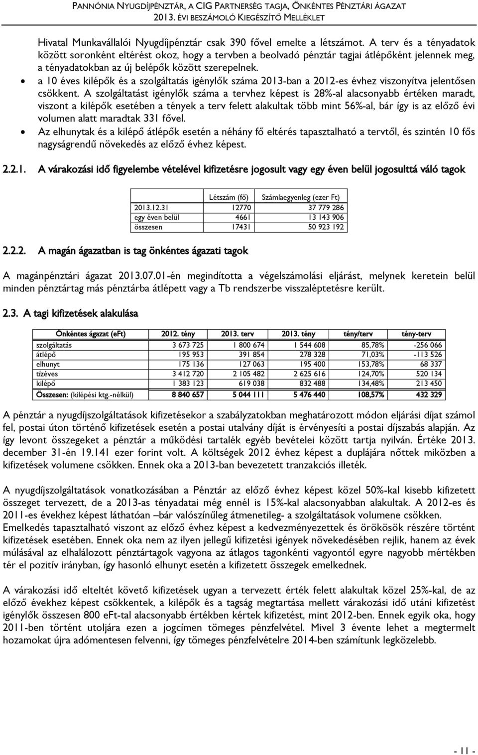 a 10 éves kilépők és a szolgáltatás igénylők száma 2013-ban a 2012-es évhez viszonyítva jelentősen csökkent.